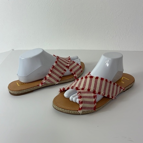 Lulus Sandals Espadrilles Flats  Fringed Canvas Striped Straps Red Women 10 - Picture 11 of 12